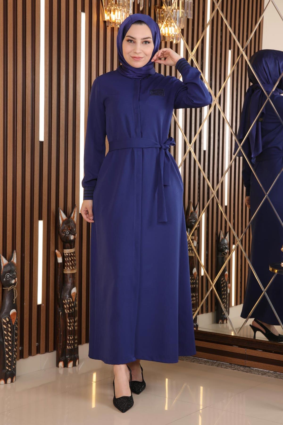 Hidden Buttoned Ribbed Abaya Indigo 18901