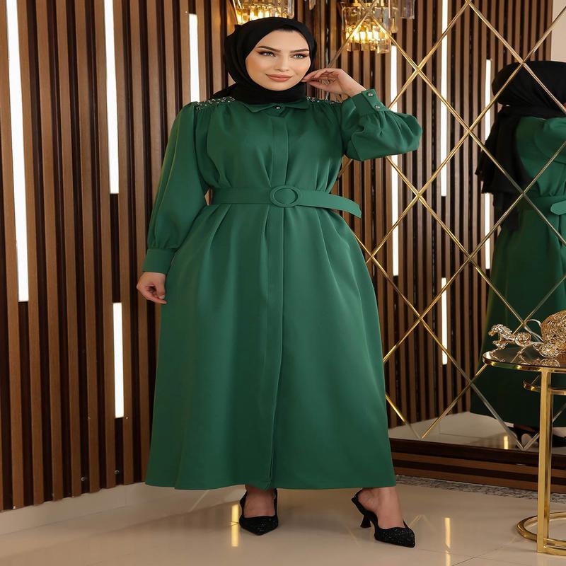 Stone Detailed Belted Dress Emerald 19115