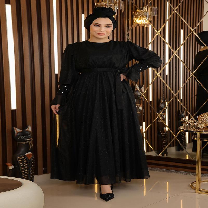 Stone Detailed Glittery Chiffon Evening Dress Black 19113