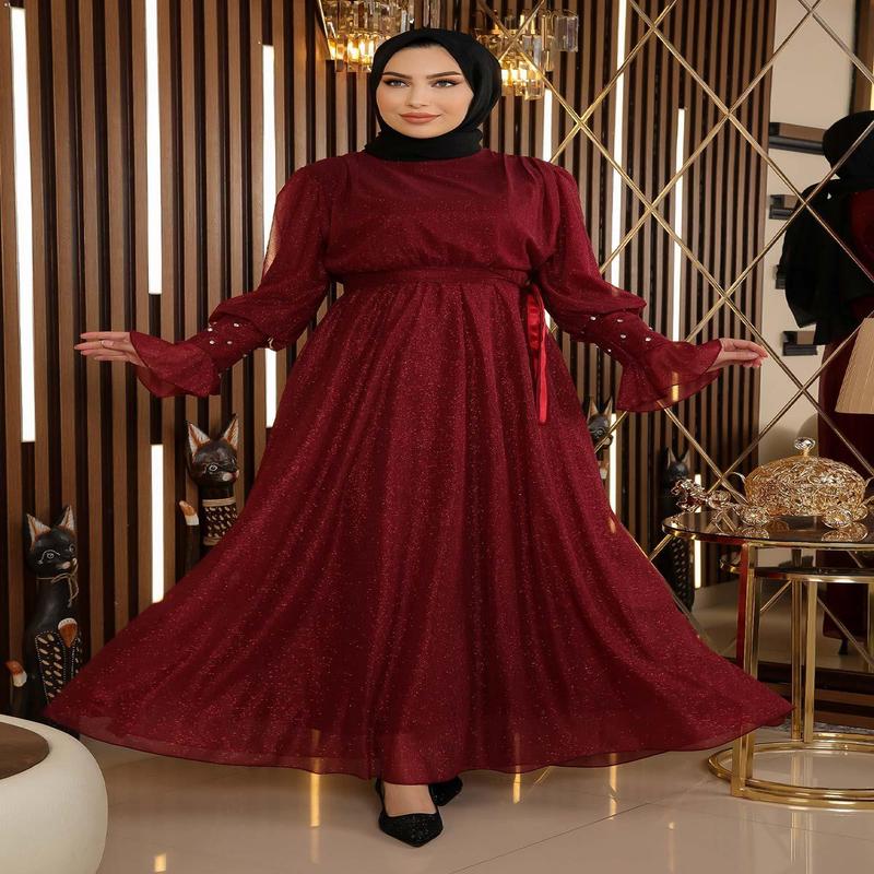 Stone Detailed Glittery Chiffon Evening Dress Burgundy 19113