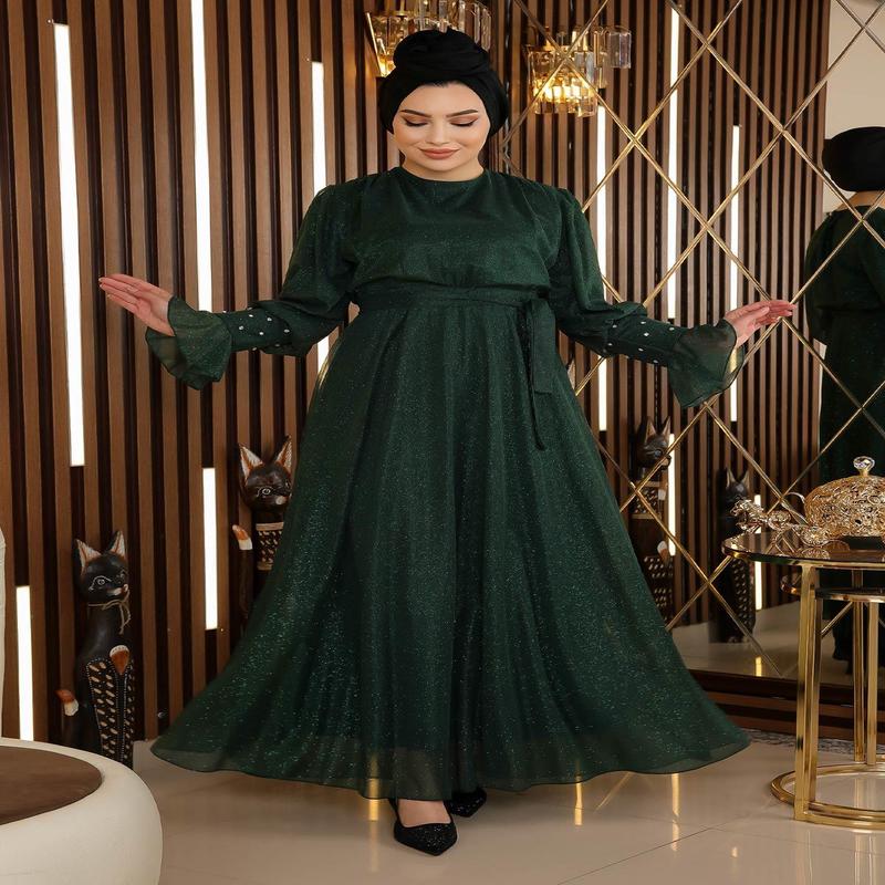 Stone Detailed Glittery Chiffon Evening Dress Emerald 19113