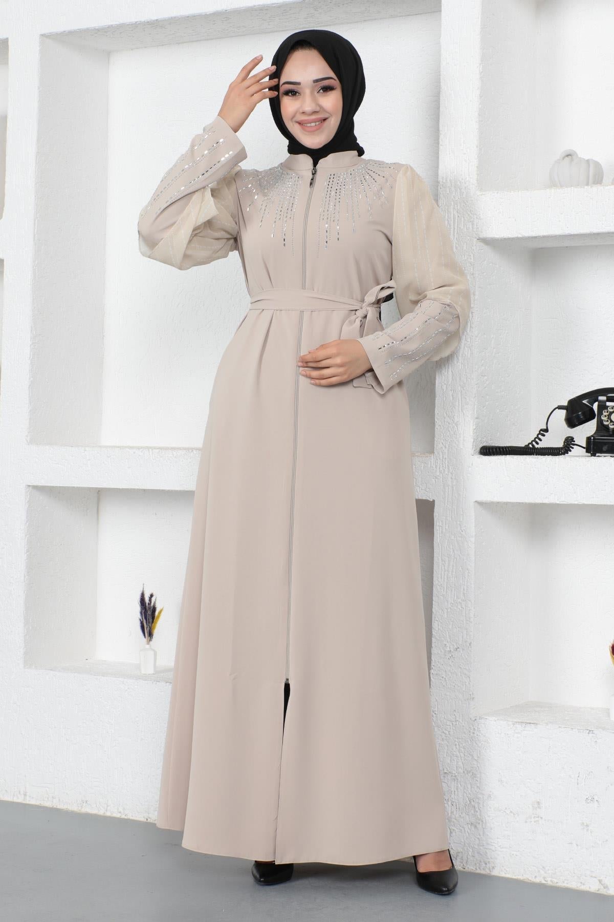 Stone Pearl Embellished Abaya Beige 12245
