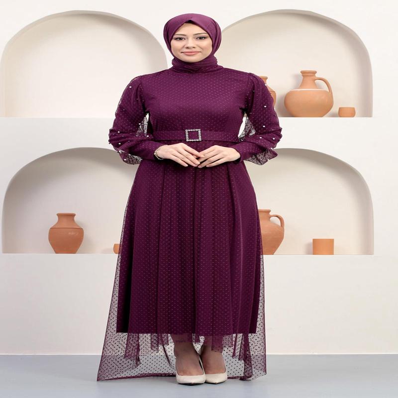 Tulle Evening Dress With Stoned Belt, Plum 12242