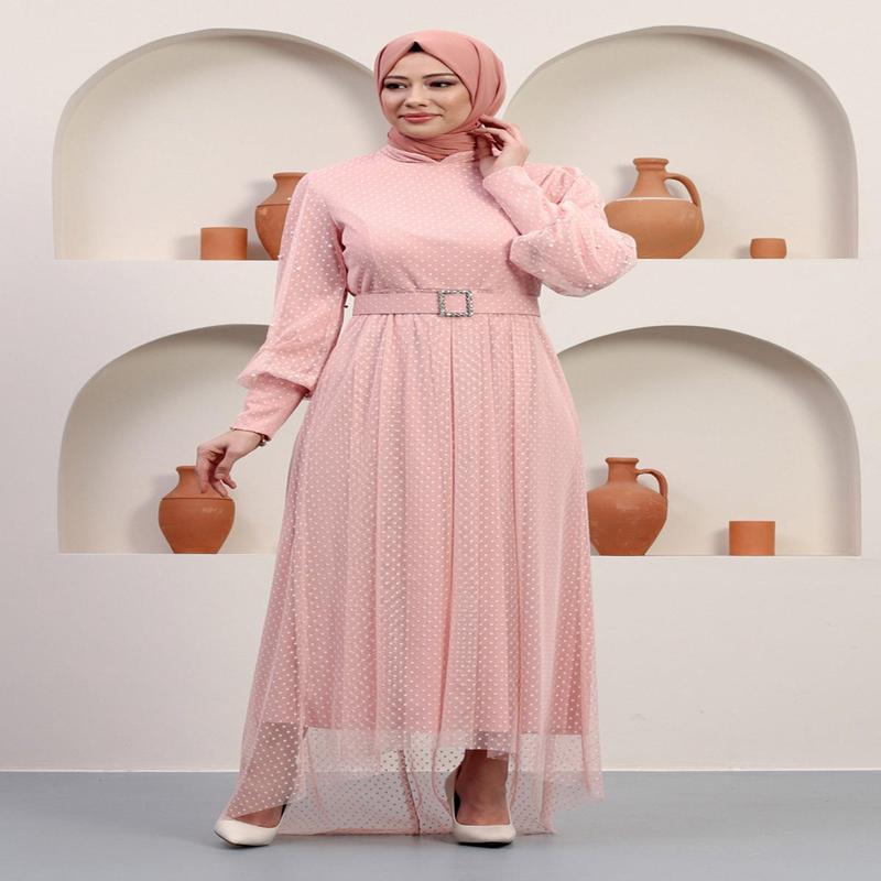 Tulle Evening Dress With Stoned Belt, Powder 12242