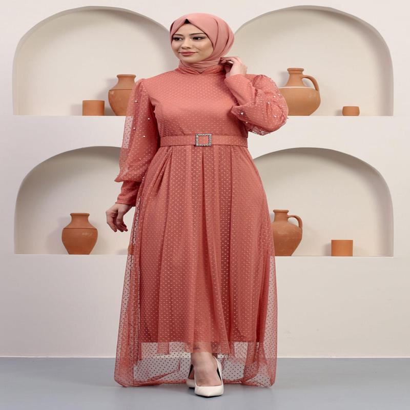 Tulle Evening Dress With Stoned Belt, Salmon 12242