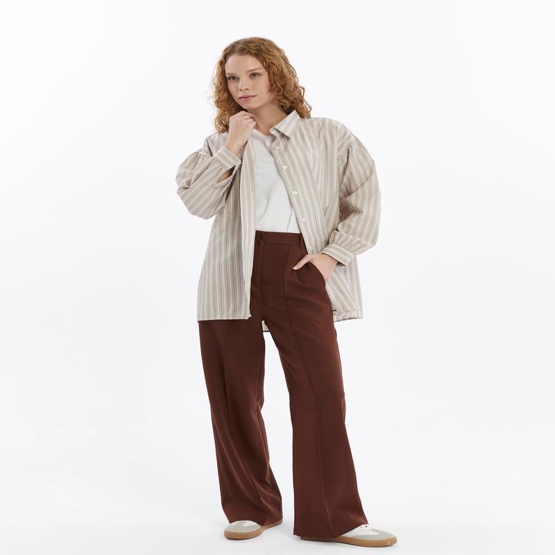 25010 Women's Double Crepe Grass Stitch Detailed Pocket Palazzo Trousers Brown