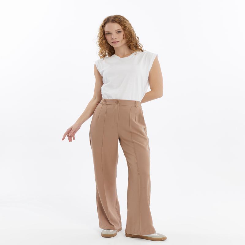 25010 Women's Double Crepe Grass Stitch Detailed Pocket Palazzo Trousers Mink