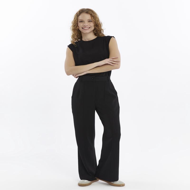 25010 Women's Double Crepe Grass Stitch Detailed Pocketed Palazzo Trousers Black