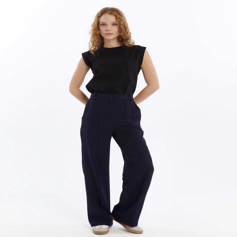 25010 Women's Double Crepe Grass Stitch Detailed Pocketed Palazzo Trousers Navy Blue