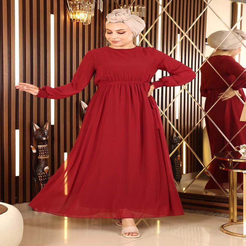 Chiffon Evening Dress With Elastic Cuff, Burgundy 12003