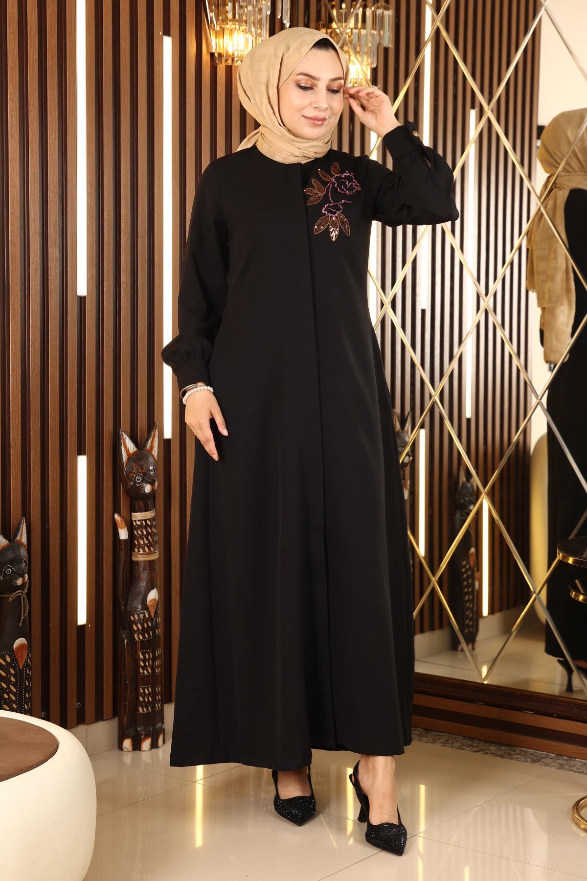Embroidered Hijab Abaya Black 10773
