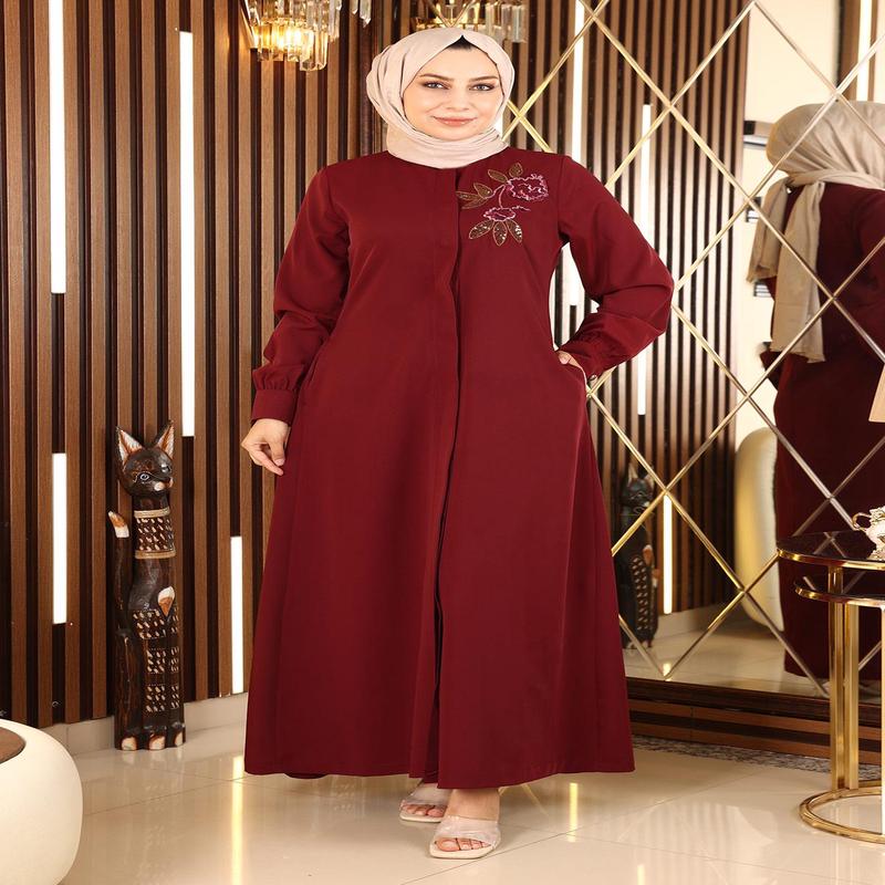 Embroidered Hijab Abaya Claret Red 10773