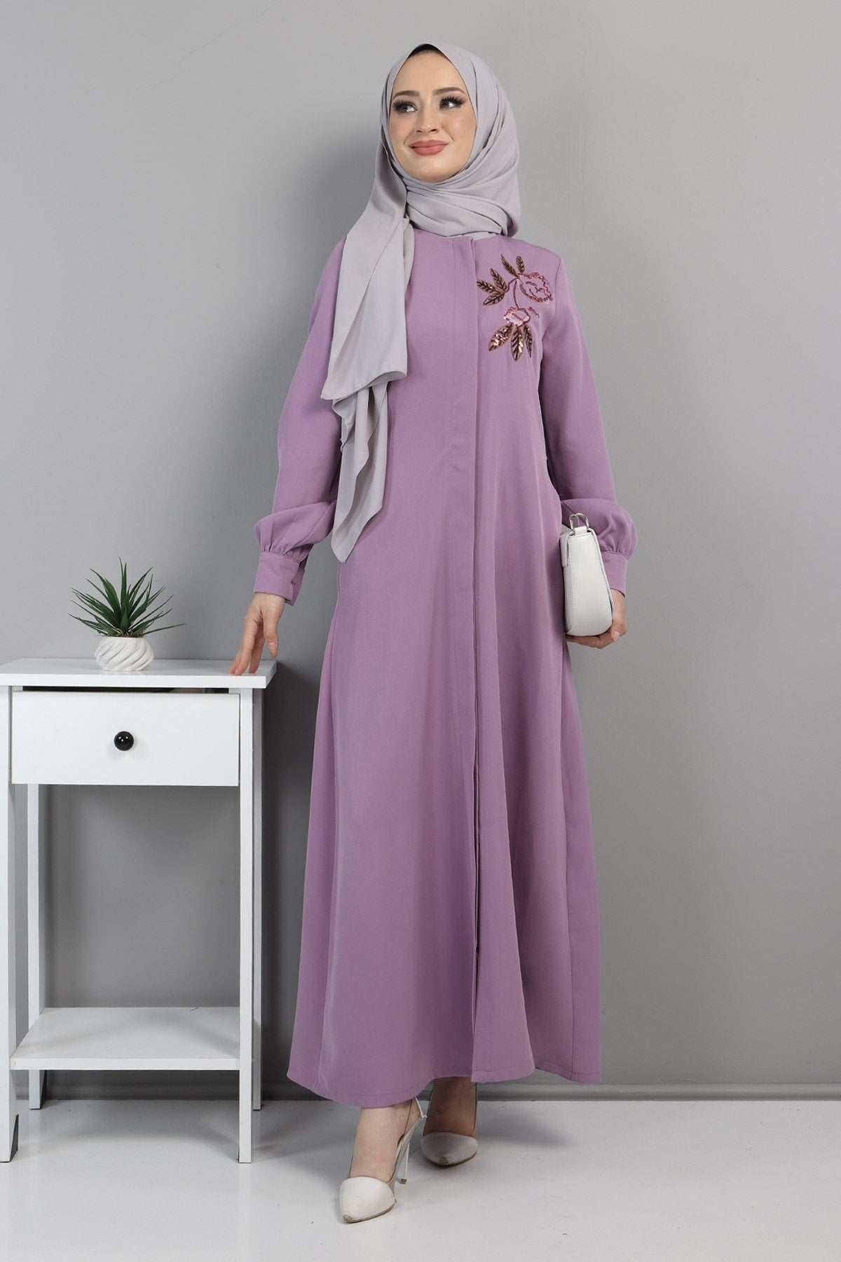 Embroidered Hijab Abaya Lilac 10773
