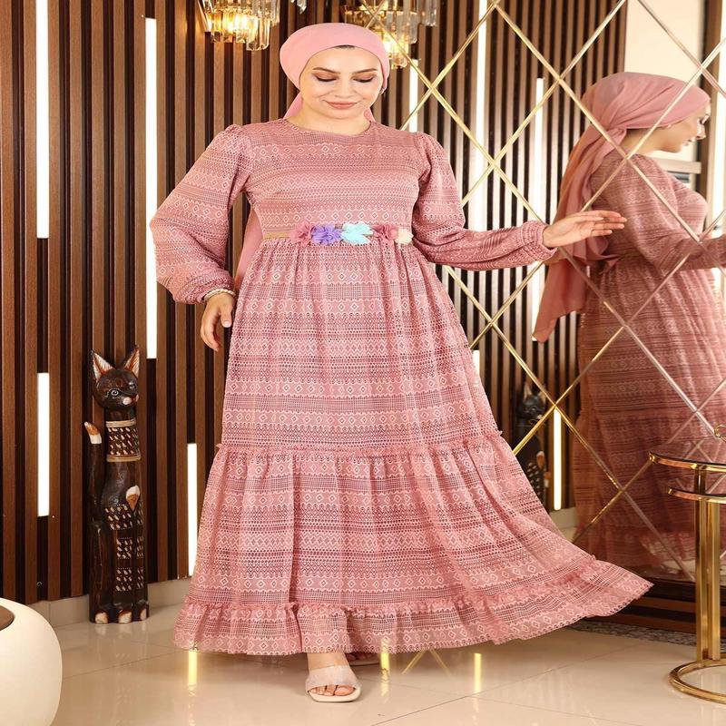 Lace Belted Floral Dress Pink 10242