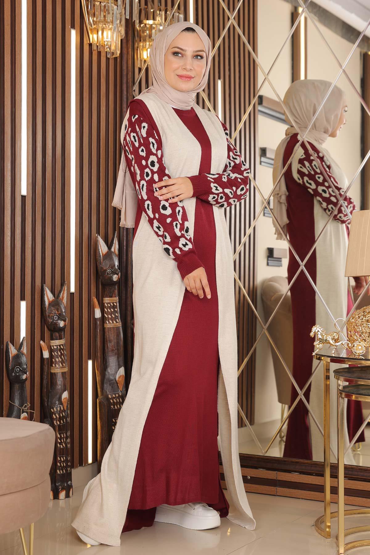 Patterned Sleeve Knit Dress Burgundy 2270-2