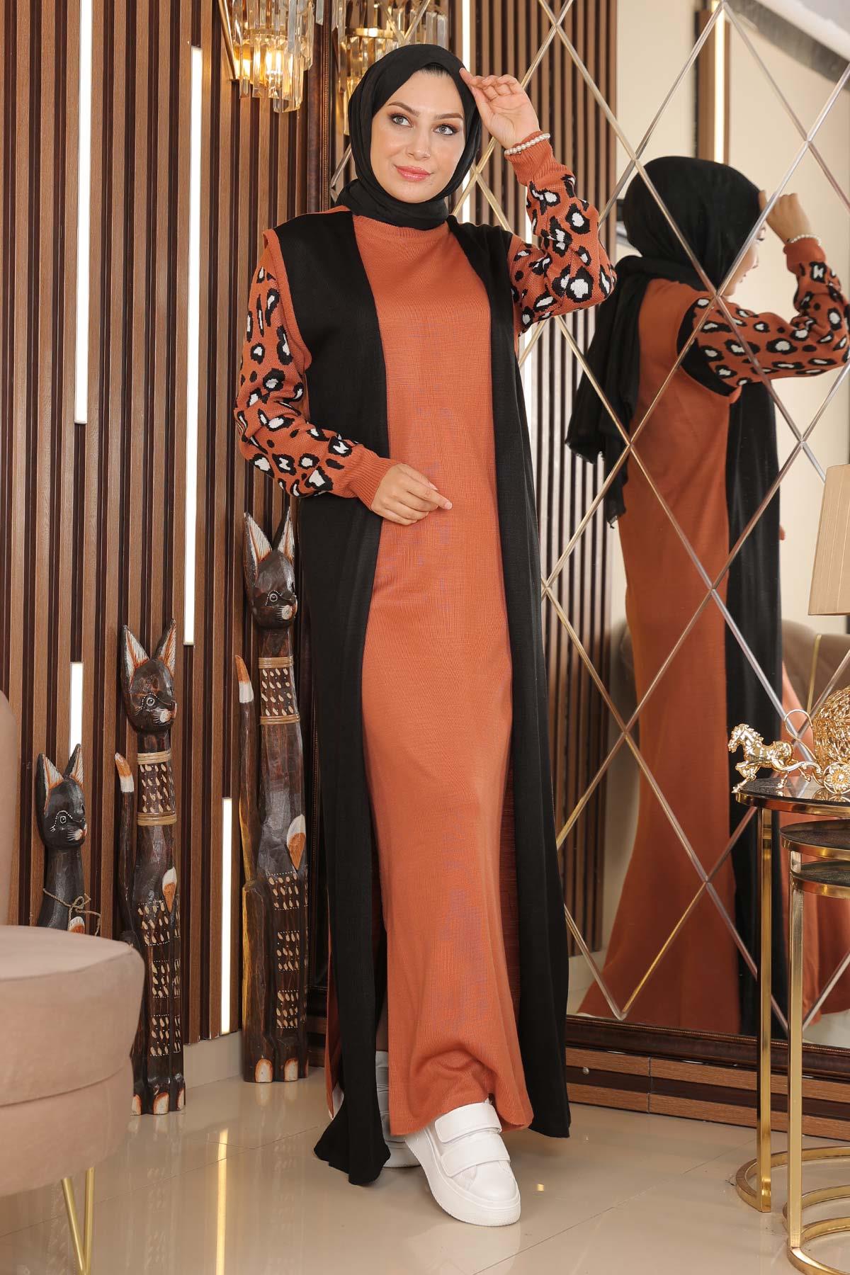 Patterned Sleeve Knit Dress Tan 2270-1