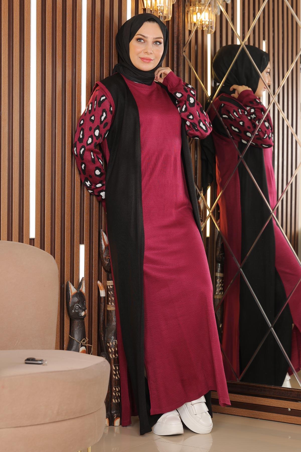 Patterned Sleeve Knit Dress Wine 2270-4