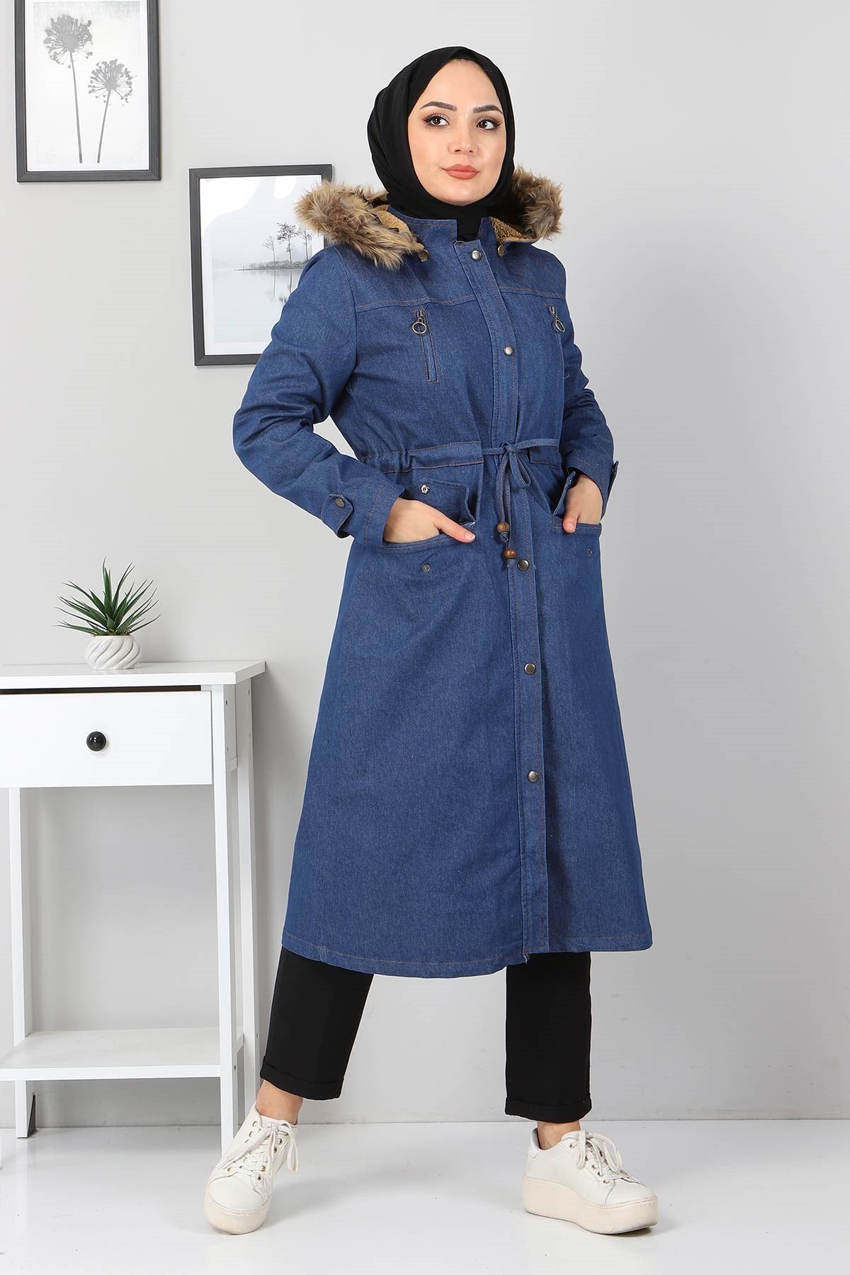 Zipper Detailed Denim Coat Blue 9735