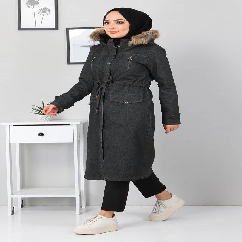 Zipper Detailed Denim Coat Smoke 9735