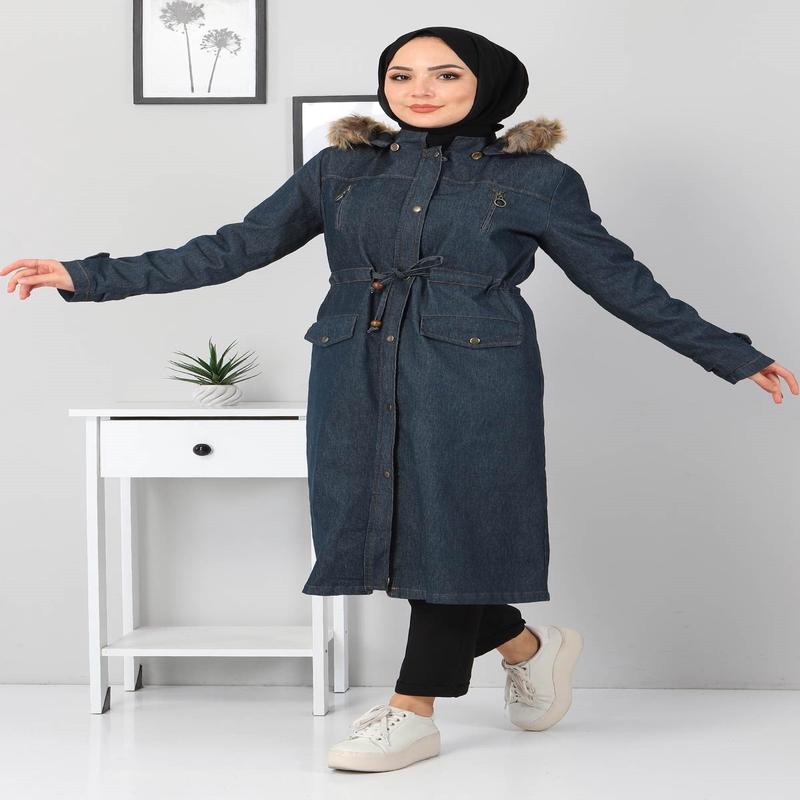 Zipper Detailed Denim Jacket Petrol 9735