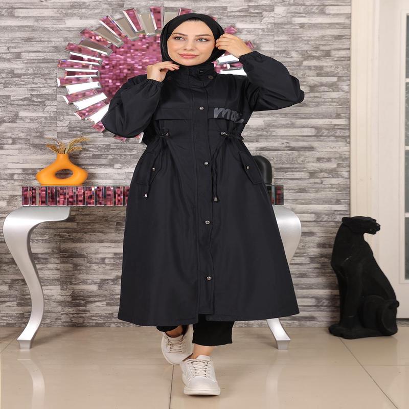 Hooded Coat With Text Detail Navy Blue 15900