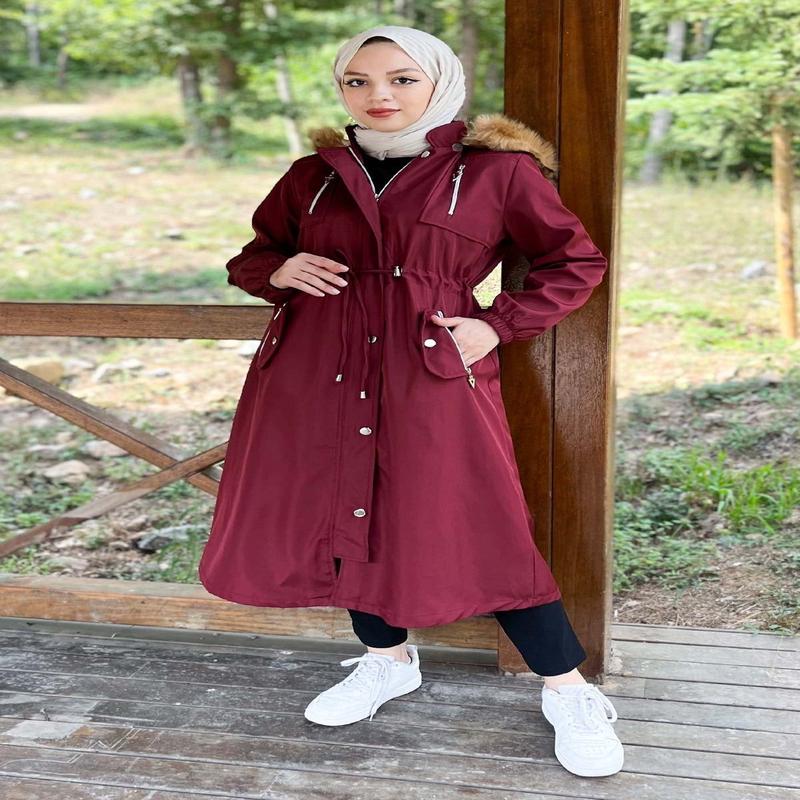 Hooded Zippered Coat Claret Red 10349