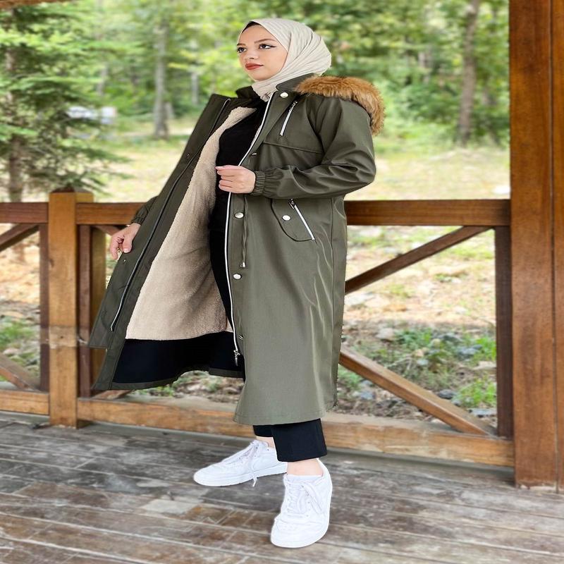 Hooded Zippered Coat Khaki 10349
