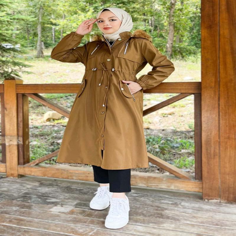Hooded Zippered Coat Tan 10349