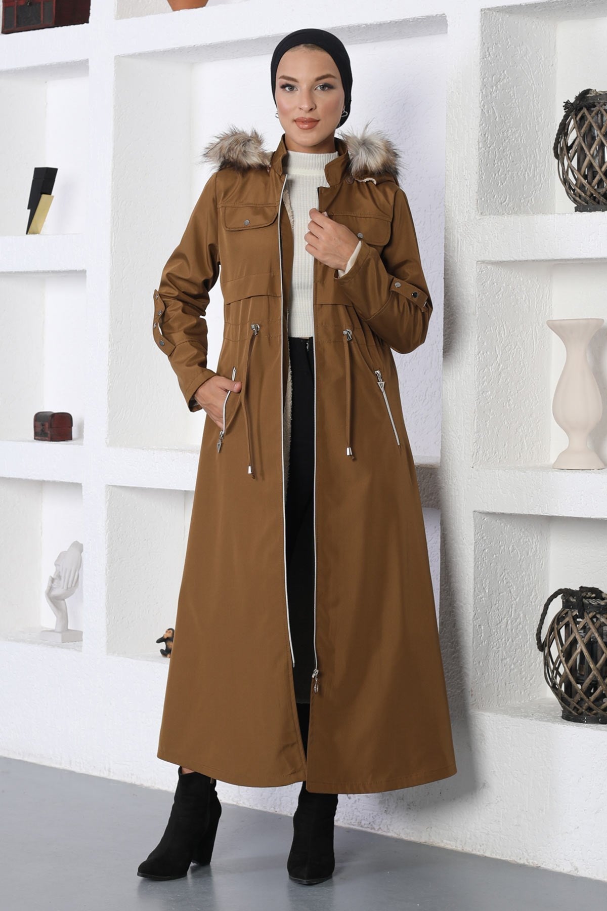 Zippered Hooded Coat Tan 10362
