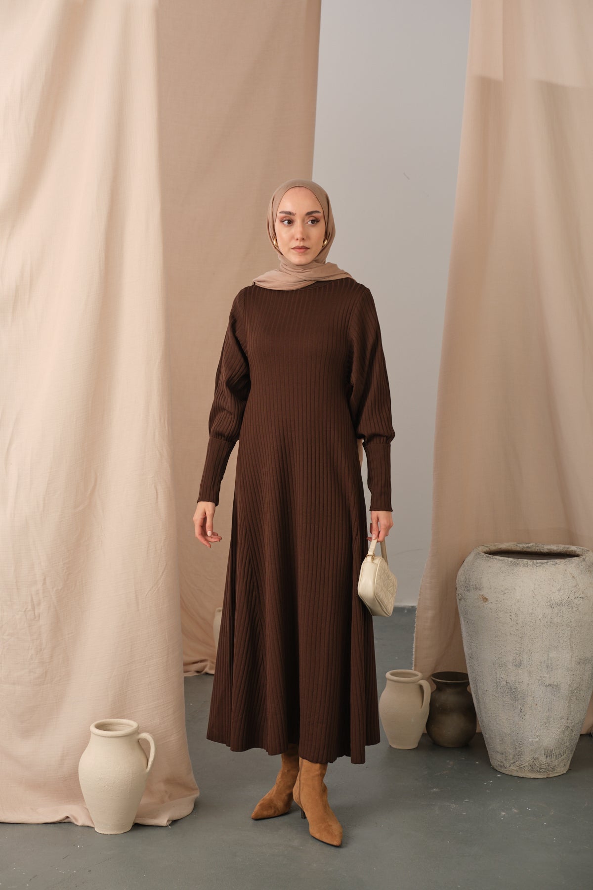 Self-Patterned Knit Dress Brown
