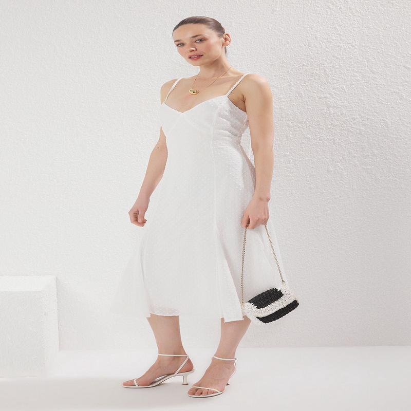 Women's Ecru Straight Midi Hanging Day And Night Regular Dress