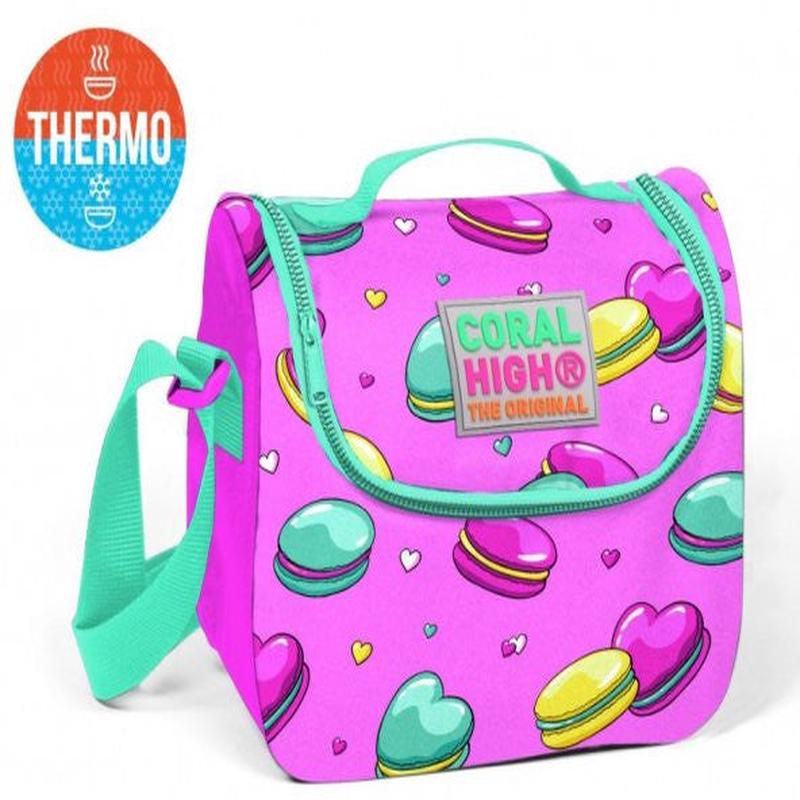 Coral High Pink Macaron Patterned Thermos Lunch Box - Girls