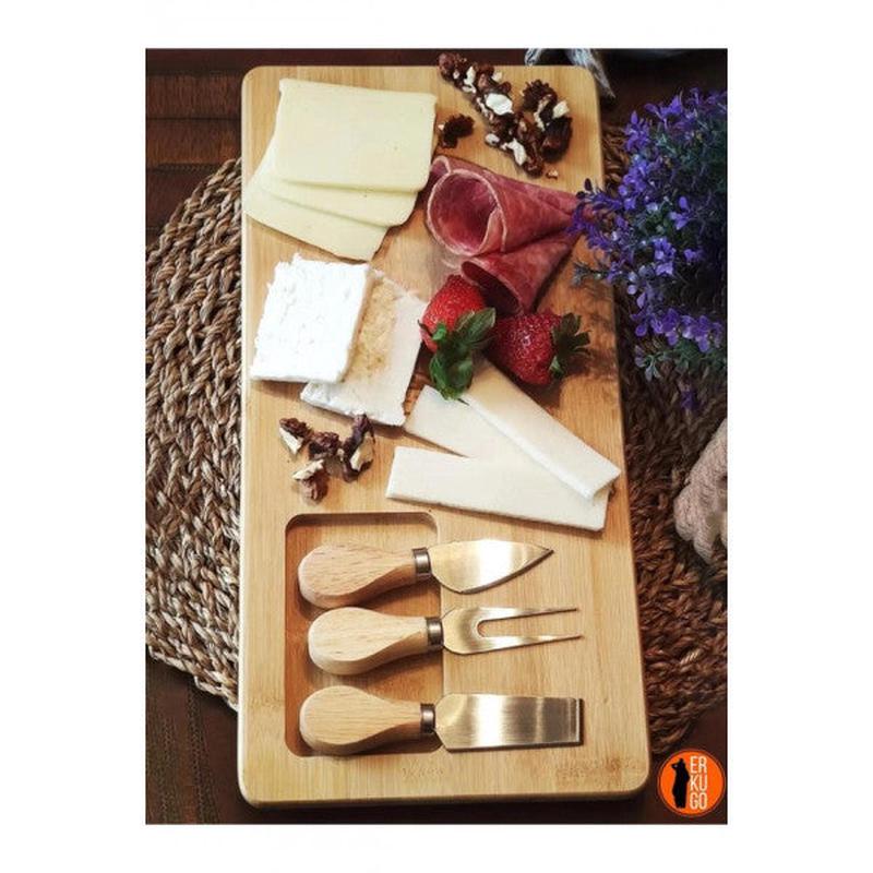 4 Piece Bamboo Cheese Serving Board And Fork - Spatula - Knife Set, Cheese Cutting Board, Presentation Set