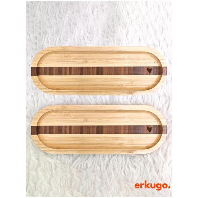 2 Pieces Bamboo Heart Patterned Oval Serving Plate, Presentation Plate (25.5 X 9.5 Cm)