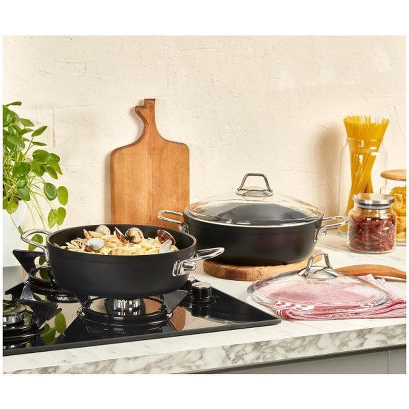 Amboss Dark Granite Flat Pot With Glass Lid Fireproof Non-Stick Titanium Coating - 24 Cm