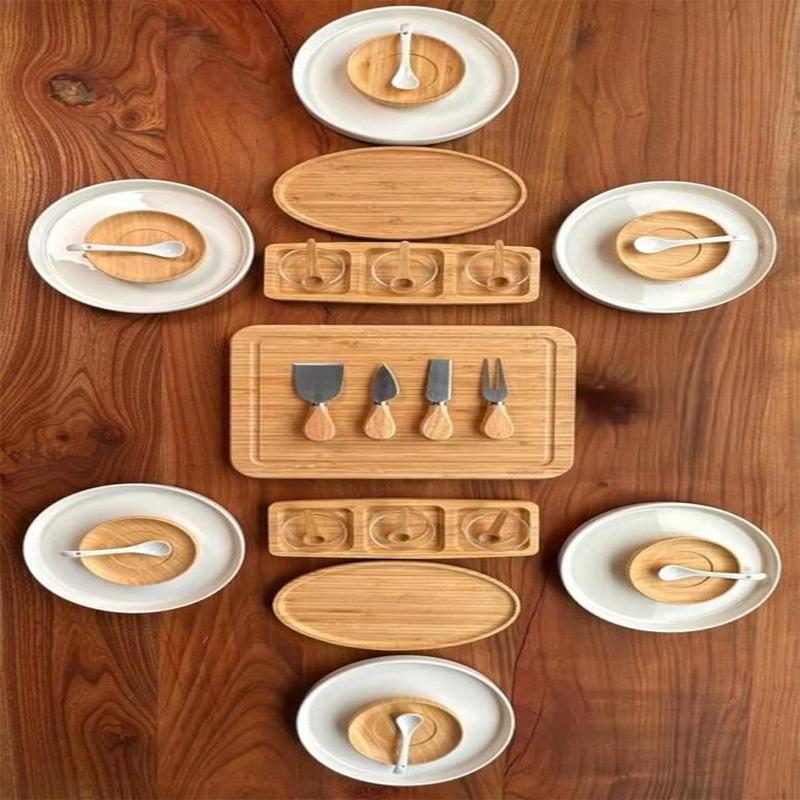 Atbyhome 6 Person 39 Piece Ceramic - Bamboo Breakfast Set - Luxury Breakfast Serving Set