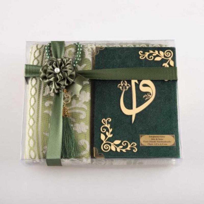 Prayer Mat + Prayer Beads + Yasin Gift Set (Bag Size, Green)