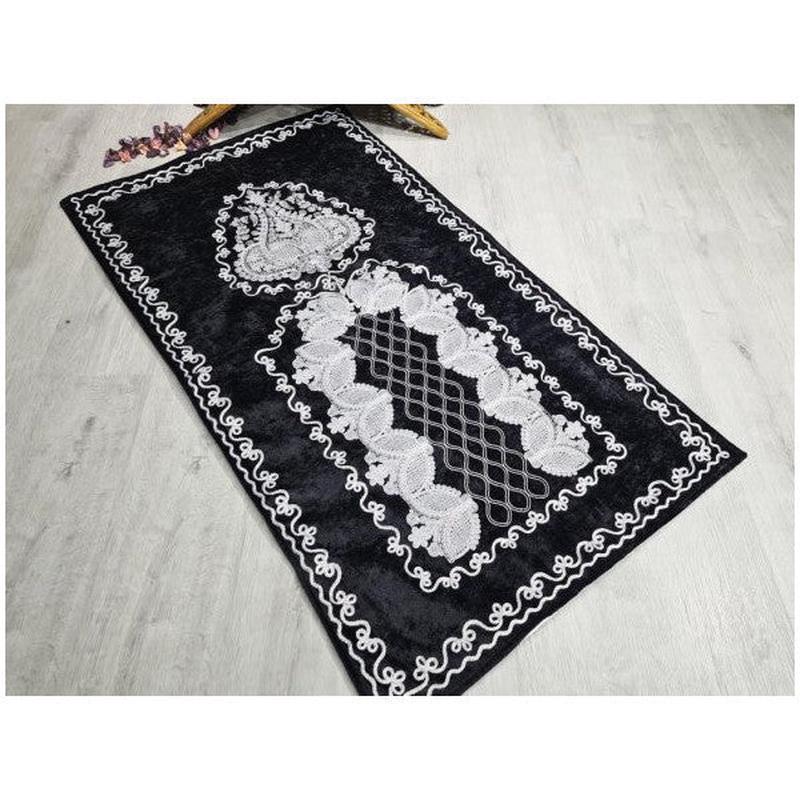 Verna Szene Embroidered Velvet Prayer Rug, Black Color