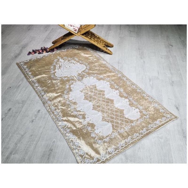 Verna Szene Embroidered Velvet Prayer Rug, Cappuccino Color