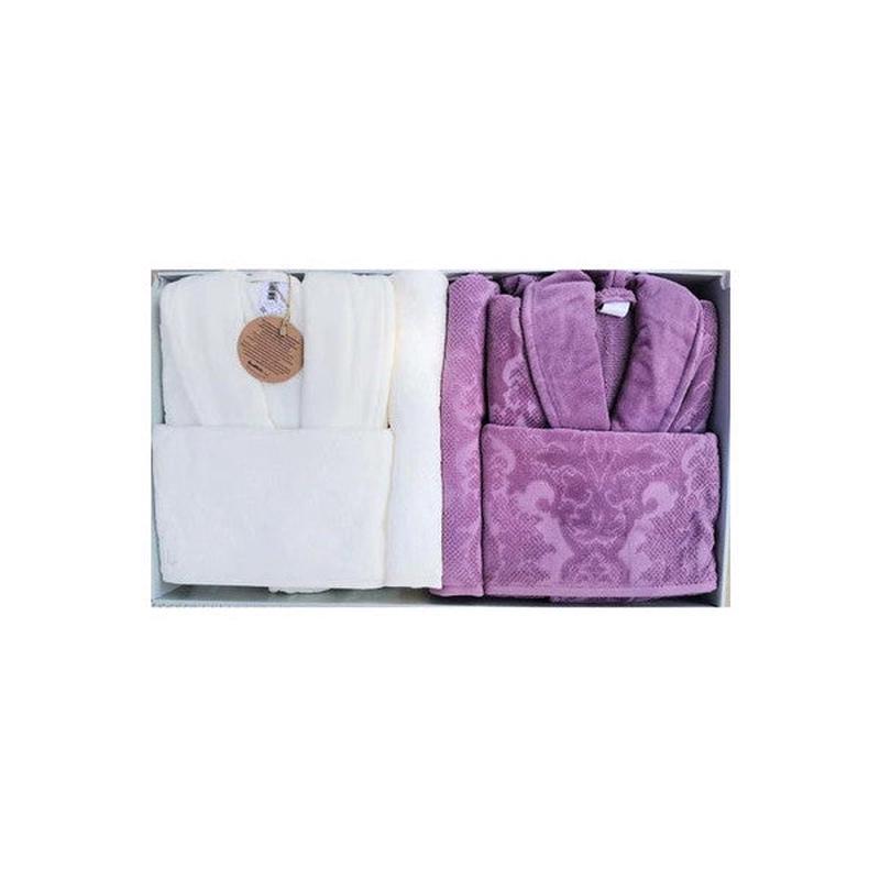 zdilek Curve Velvet Family Bathrobe Set Plum Cream 6 Pieces